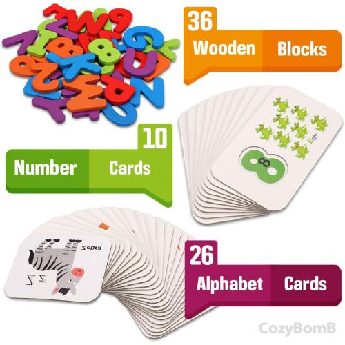  [아마존베스트]CozyBomB Toddler Alphabet Flash Cards - Preschool Activities Learning Montessori Toys ABC Wooden Letters Jigsaw Numbers Alphabets Puzzles Flashcards for Age 2 3 4 Years Old Educati