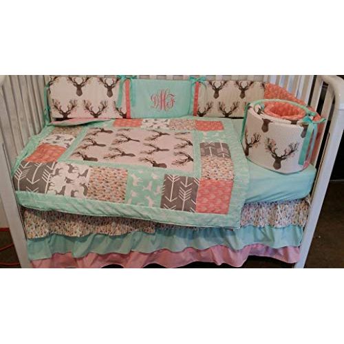  CozyCreations Heather Reynolds Woodland 1 to 4 Piece baby girl nursery crib bedding Quilt, bumper, and bed skirt, Buck, deer, fawn, head silhouette, Arrow, Teepee, Aztec Mint, Coral, Gray, Pink