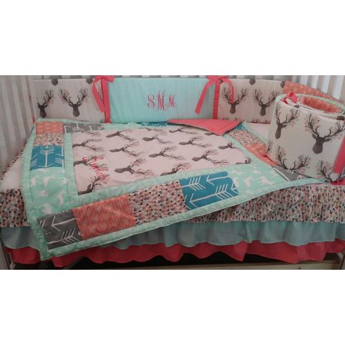  CozyCreations Heather Reynolds Woodland 1 to 4 Piece baby girl nursery crib bedding Quilt, bumper, and bed skirt, Buck, deer, fawn, head silhouette, Arrow, Teepee, Aztec Mint, Coral, Gray, Pink