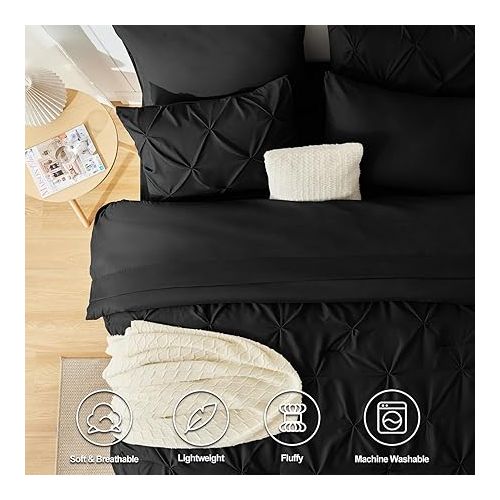  CozyLux Queen Comforter Set - 7 Pieces Comforters Queen Size Black, Pintuck Bed in A Bag Pinch Pleat Complete Bedding Sets with Comforter, Flat Sheet, Fitted Sheet and Pillowcases & Shams