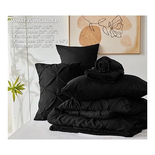  CozyLux Queen Comforter Set - 7 Pieces Comforters Queen Size Black, Pintuck Bed in A Bag Pinch Pleat Complete Bedding Sets with Comforter, Flat Sheet, Fitted Sheet and Pillowcases & Shams