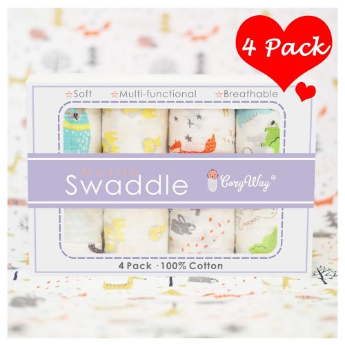  CozyWay Baby Muslin Swaddle Blankets  Baby Cotton Muslin Swaddling Blanket for Boys/Girls/Unisex, 47x47, Bamboo Neutral Swaddle Wrap Receiving Blanket, 4 Pack - Dinosaur/Woodland/