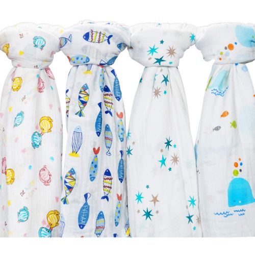  CozyWay Baby Muslin Swaddle Blankets  Baby Cotton Muslin Swaddling Blanket for Boys/Girls/Unisex, 47x47, Bamboo Neutral Swaddle Wrap Receiving Blanket, 4 Pack - Blue Fish/Whale/Ki