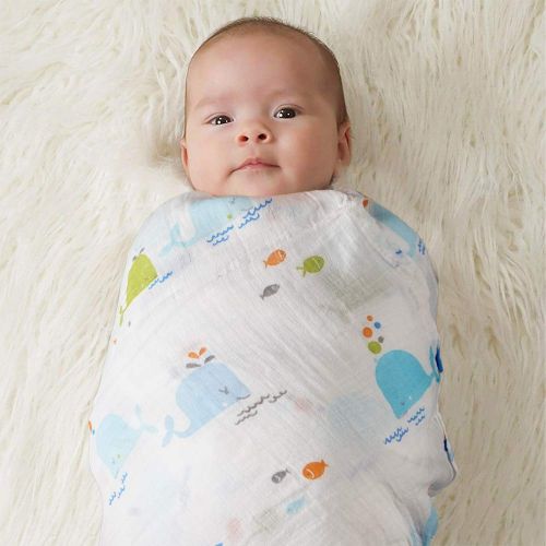  CozyWay Baby Muslin Swaddle Blankets  Baby Cotton Muslin Swaddling Blanket for Boys/Girls/Unisex, 47x47, Bamboo Neutral Swaddle Wrap Receiving Blanket, 4 Pack - Blue Fish/Whale/Ki