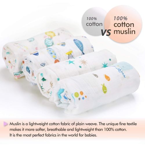  CozyWay Baby Muslin Swaddle Blankets  Baby Cotton Muslin Swaddling Blanket for Boys/Girls/Unisex, 47x47, Bamboo Neutral Swaddle Wrap Receiving Blanket, 4 Pack - Blue Fish/Whale/Ki