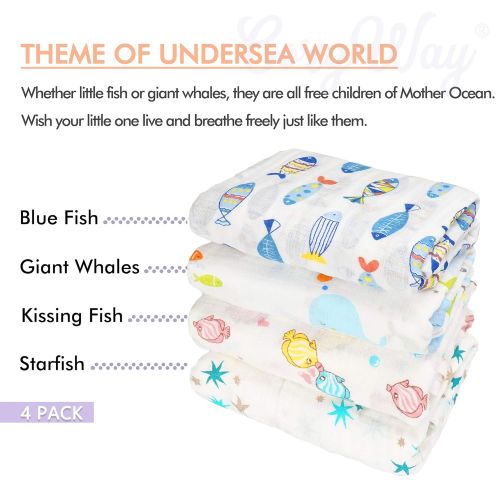 CozyWay Baby Muslin Swaddle Blankets  Baby Cotton Muslin Swaddling Blanket for Boys/Girls/Unisex, 47x47, Bamboo Neutral Swaddle Wrap Receiving Blanket, 4 Pack - Blue Fish/Whale/Ki
