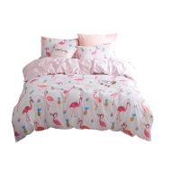 Cozydecor Flamingo Pineapple Print Duvet Cover Set Twin Kids Girls Bedding Sets Pink Cotton Striped Bedding Comforter Cover Sets with Zipper Closure Corner Ties 3 Piece Children Be