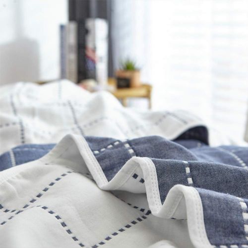  Cozzy Soft Breathable 6 Layers Cotton Muslin Throw Blanket for Bed Sofa Couch Boys Teens Adult Men Summer Thin Quilt Coverlet Twin Size 59 x 79 Reversibe Plaid Blue & White