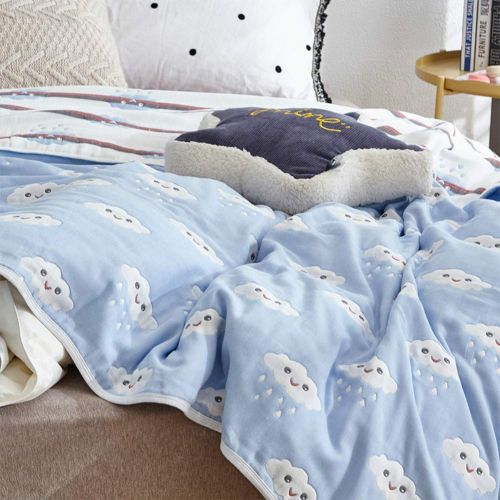  Cozzy Soft Breathable 6 Layers Cotton Muslin Throw Blanket for Bed Sofa Couch Boys Teens Adult Men Summer Thin Quilt Coverlet Twin Size 59 x 79 Reversibe Plaid Blue & White