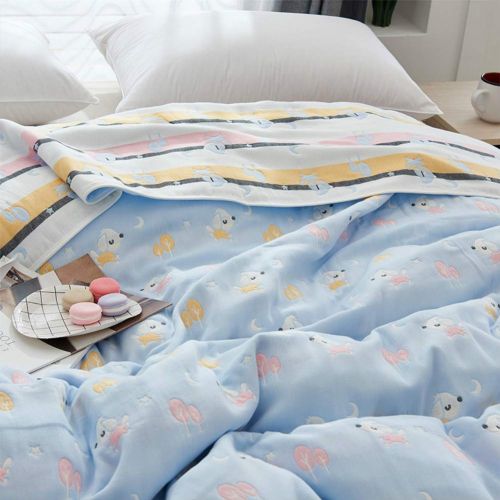  Cozzy Soft Breathable 6 Layers Cotton Muslin Throw Blanket for Bed Sofa Couch Boys Teens Adult Men Summer Thin Quilt Coverlet Twin Size 59 x 79 Reversibe Plaid Blue & White