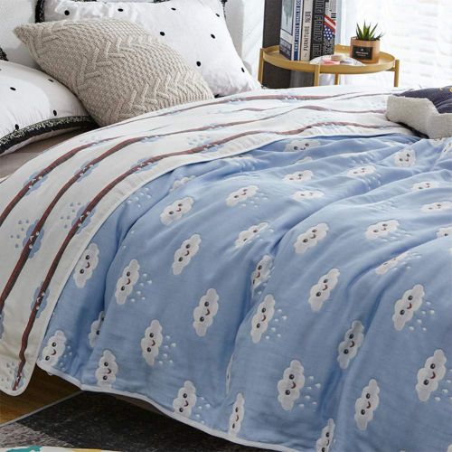  Cozzy Soft Breathable 6 Layers Cotton Muslin Throw Blanket for Bed Sofa Couch Boys Teens Adult Men Summer Thin Quilt Coverlet Twin Size 59 x 79 Reversibe Plaid Blue & White