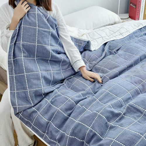  Cozzy Soft Breathable 6 Layers Cotton Muslin Throw Blanket for Bed Sofa Couch Boys Teens Adult Men Summer Thin Quilt Coverlet Twin Size 59 x 79 Reversibe Plaid Blue & White