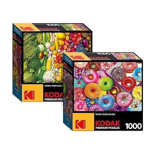  RoseArt - Kodak Premium Puzzle Set - I Love Donuts and Rainbow Superfoods - 2-1000 Piece Jigsaw Puzzles for Adults