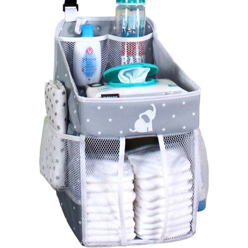  Cradle Star Hanging Diaper Caddy  Crib Diaper Organizer  Diaper Stacker for Crib, Playard or Wall  Newborn Boy and Girl Diaper Holder for Changing Table - Baby Shower Gifts- Elephant Gray -