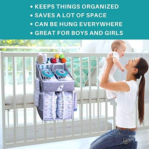  Cradle Star Hanging Diaper Caddy  Crib Diaper Organizer  Diaper Stacker for Crib, Playard or Wall  Newborn Boy and Girl Diaper Holder for Changing Table - Baby Shower Gifts- Elephant Gray -