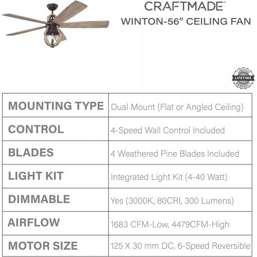  Craftmade Rustic Ceiling Fan with Light and Remote WIN56ABZWP5 Winton, Aged Bronze, Weathered Pine Blades