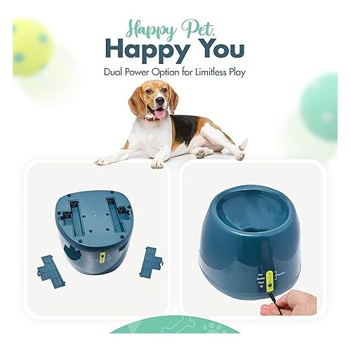  Automatic Dog Ball Launcher - Dog Ball Fetch Machine, Ball Thrower for Dogs, for Small to Medium Sized Dogs, Interactive Dog Toy with 6 Latex Balls, Plug-in & Battery Options - 4 Launch Distances