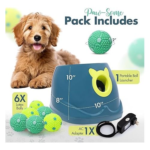  Automatic Dog Ball Launcher - Dog Ball Fetch Machine, Ball Thrower for Dogs, for Small to Medium Sized Dogs, Interactive Dog Toy with 6 Latex Balls, Plug-in & Battery Options - 4 Launch Distances