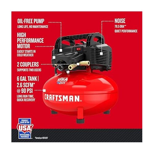  CRAFTSMAN Air Compressor, 6 Gallon, Pancake, Oil-Free with 13 Piece Accessory Kit (CMEC6150K)