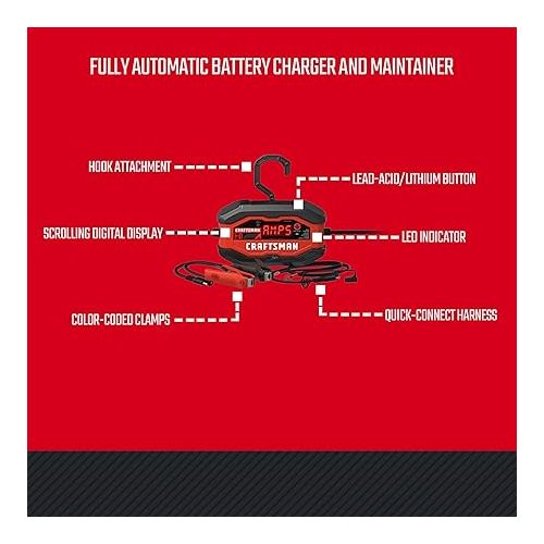  Craftsman CMXCESM260 Fully Automatic Automotive Battery Charger and Maintainer for Motorcycles, Cars, SUVs, Trucks, and Boats, 3 Amps, 12-Volt, Red, 1 Unit