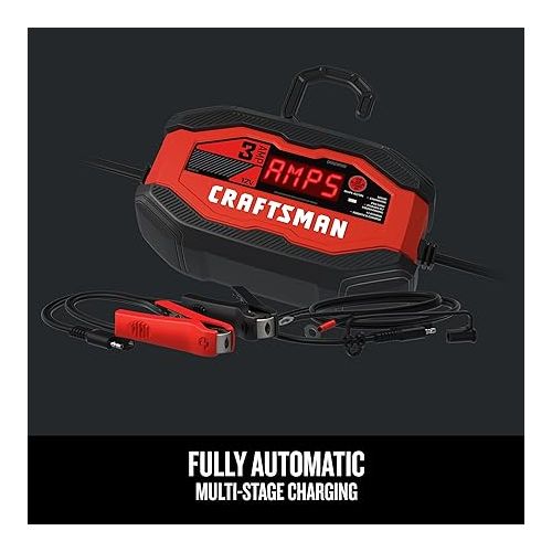  Craftsman CMXCESM260 Fully Automatic Automotive Battery Charger and Maintainer for Motorcycles, Cars, SUVs, Trucks, and Boats, 3 Amps, 12-Volt, Red, 1 Unit