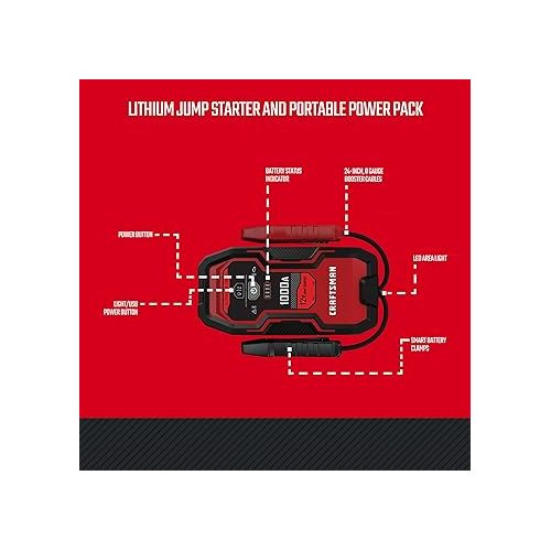  Craftsman CMXCESM263 Lithium-Powered Jump Starter and Portable Power Pack for Car, SUV, Truck, and Boat Batteries, 1000 Peak Amps, 12-Volt, Red, 1 Unit