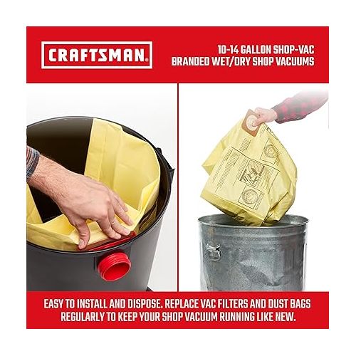  CRAFTSMAN CMXZVBE3877 Fine Dust Wet/Dry Vac Dust Collection Bags for 10 to 14 Gallon Shop Vacuums, 2-Pack