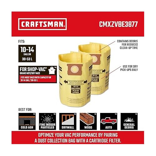  CRAFTSMAN CMXZVBE3877 Fine Dust Wet/Dry Vac Dust Collection Bags for 10 to 14 Gallon Shop Vacuums, 2-Pack