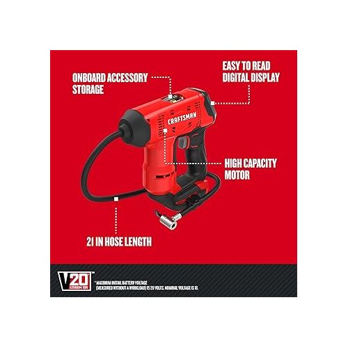  CRAFTSMAN V20 Cordless Tire Inflator, Up to 150 PSI, with Digital Pressure Gauge, Bare Tool Only (CMCE521B)