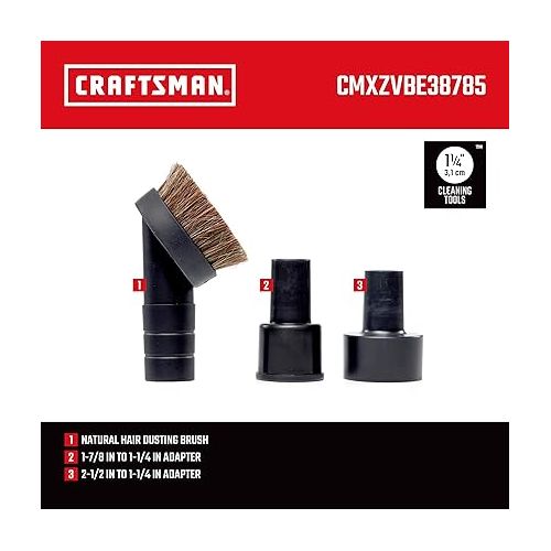  CRAFTSMAN CMXZVBE38785 1-1/4 in. Natural Hair Dusting Brush Wet/Dry Vac Attachment with 1-7/8 in. and 2-1/2 in. Adapters