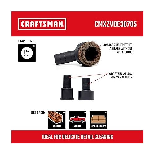  CRAFTSMAN CMXZVBE38785 1-1/4 in. Natural Hair Dusting Brush Wet/Dry Vac Attachment with 1-7/8 in. and 2-1/2 in. Adapters