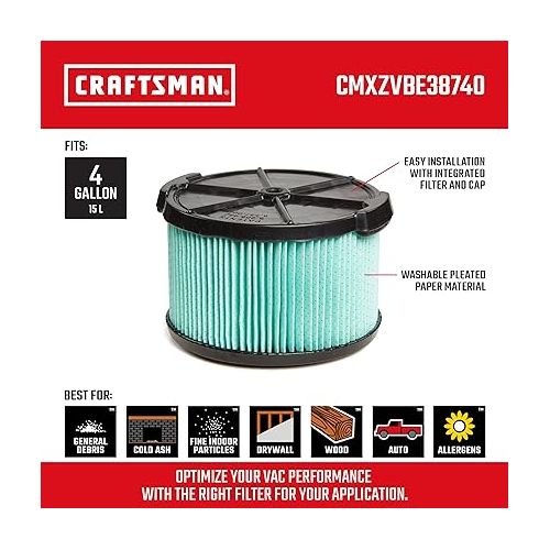  CRAFTSMAN CMXZVBE38740 1/2 Height HEPA Media Wet/Dry Vac Replacement Filter for 3 to 4 Gallon Shop Vacuums