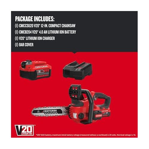  CRAFTSMAN V20* Cordless Chainsaw, 12-Inch (CMCCS620M1)