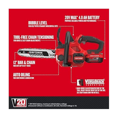  CRAFTSMAN V20* Cordless Chainsaw, 12-Inch (CMCCS620M1)