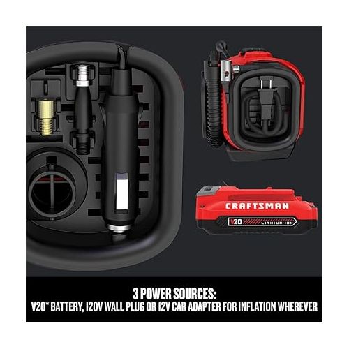  CRAFTSMAN V20 Tire Inflator, Portable Air Compressor, 3 Modes: Cordless, 120V Corded, and 12V Car Adapter, Air Pump, Battery Sold Separately (CMCE520B)