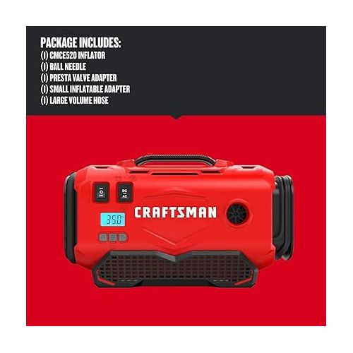  CRAFTSMAN V20 Tire Inflator, Portable Air Compressor, 3 Modes: Cordless, 120V Corded, and 12V Car Adapter, Air Pump, Battery Sold Separately (CMCE520B)