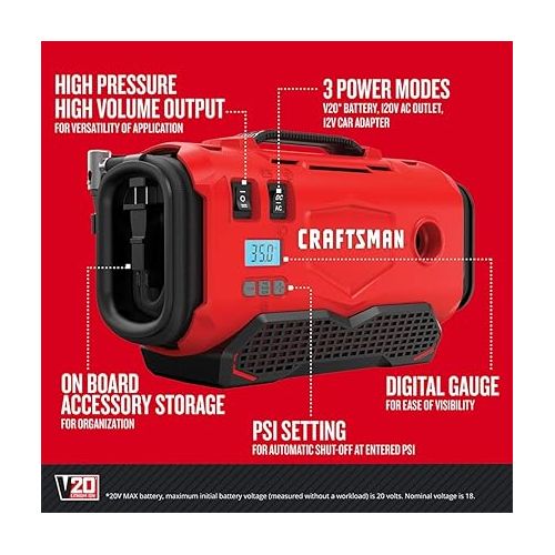  CRAFTSMAN V20 Tire Inflator, Portable Air Compressor, 3 Modes: Cordless, 120V Corded, and 12V Car Adapter, Air Pump, Battery Sold Separately (CMCE520B)