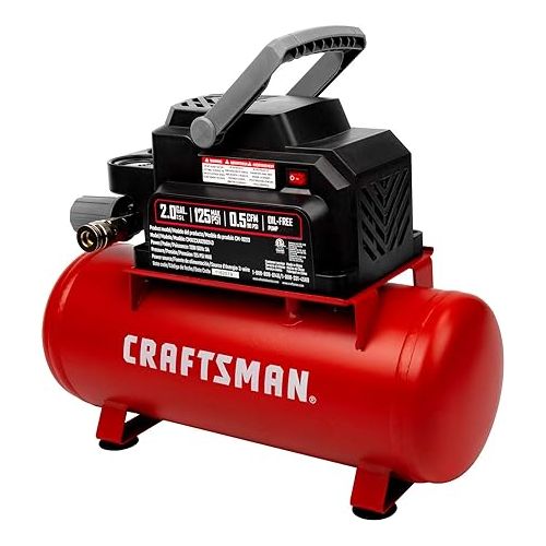  Craftsman Air Tools, 2 Gallon Portable Air Compressor 1/3 HP Oil-Free Max 125 PSI Pressure, Hot Dog, Model: CMXECXA0200243