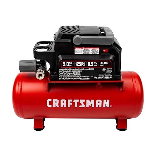  Craftsman Air Tools, 2 Gallon Portable Air Compressor 1/3 HP Oil-Free Max 125 PSI Pressure, Hot Dog, Model: CMXECXA0200243