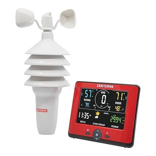  CRAFTSMAN Personal Weather Station with Indoor/Outdoor Temperature and Humidity Readings, Wind Speed Measurement, Hyperlocal Forecasting, Backlit Color Display, and Built-in Barometer (CMXWDCR01543)