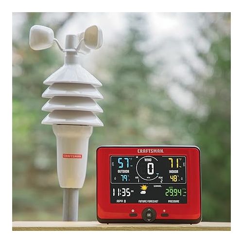  CRAFTSMAN Personal Weather Station with Indoor/Outdoor Temperature and Humidity Readings, Wind Speed Measurement, Hyperlocal Forecasting, Backlit Color Display, and Built-in Barometer (CMXWDCR01543)