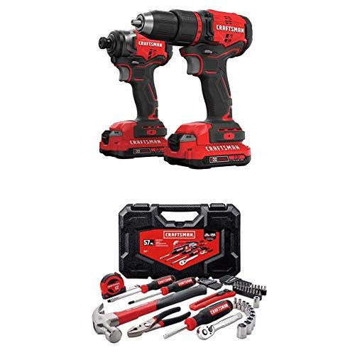  CRAFTSMAN V20 Cordless Drill Combo Kit, 2 Tool with Mechanics Tools Kit/Socket Set, 57-Piece (CMCK210C2 & CMMT99446)