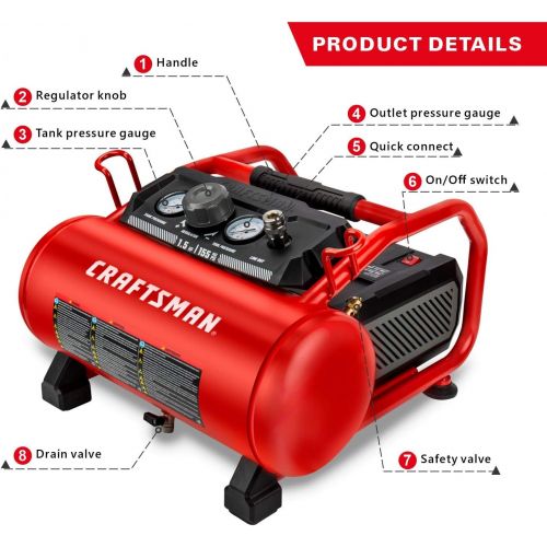  [아마존베스트]Craftsman Air Compressor, 3 Gallon 1.5 HP Max 155 Psi Pressure Oil-Free Portable, Red- CMXECXA0200341