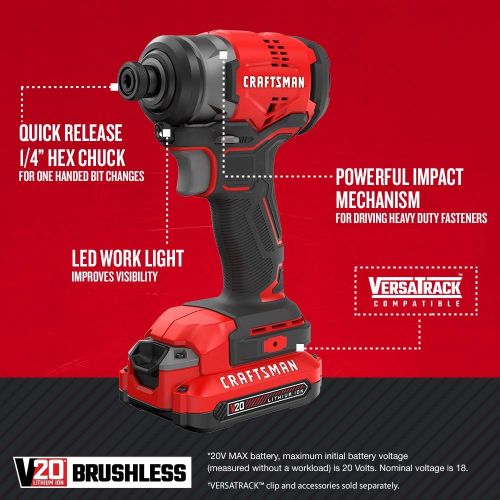  [아마존베스트]CRAFTSMAN V20 Impact Driver Kit, Cordless (CMCF810C1)