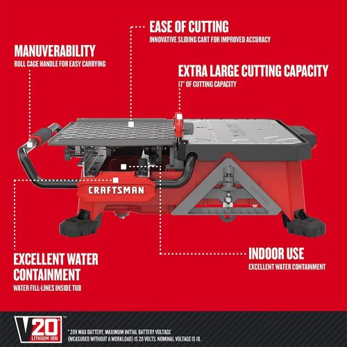  [아마존베스트]CRAFTSMAN 20V MAX Table Saw, Compact Sliding, Top Tile, 7-Inch (CMCS4000M1)