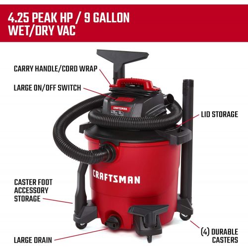  [아마존베스트]CRAFTSMAN CMXEVBE17590 9 Gallon 4.25 Peak HP Wet/Dry Vac, Portable Shop Vacuum with Attachments