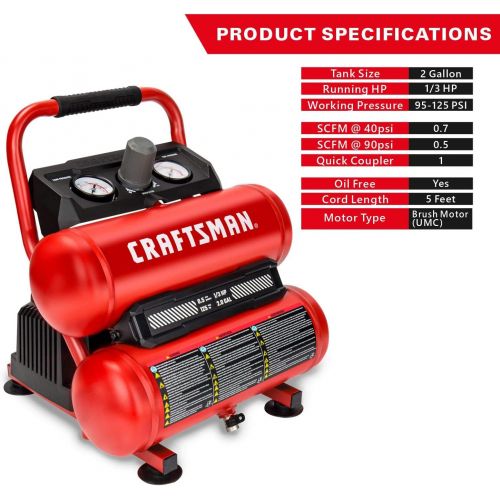  CRAFTSMAN Air Compressor, 2 Gallon Portable Air Compressor, Twin Tank, 1/3 HP Oil-Free Max 125 PSI Pressure, Model: CMXECXA0220242, Red