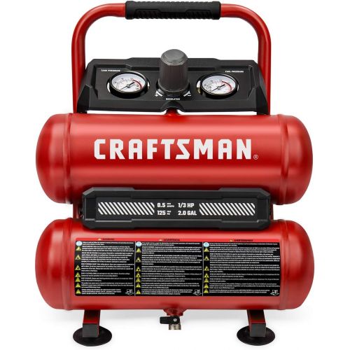  CRAFTSMAN Air Compressor, 2 Gallon Portable Air Compressor, Twin Tank, 1/3 HP Oil-Free Max 125 PSI Pressure, Model: CMXECXA0220242, Red