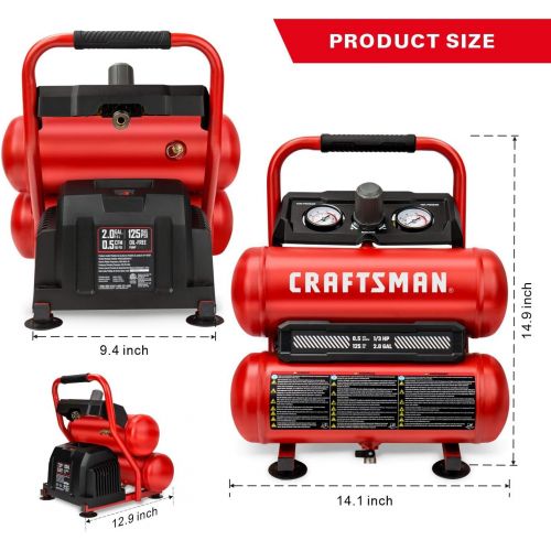  CRAFTSMAN Air Compressor, 2 Gallon Portable Air Compressor, Twin Tank, 1/3 HP Oil-Free Max 125 PSI Pressure, Model: CMXECXA0220242, Red