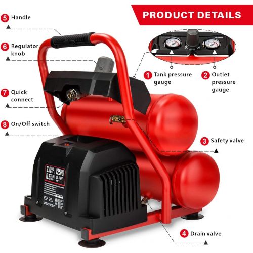  CRAFTSMAN Air Compressor, 2 Gallon Portable Air Compressor, Twin Tank, 1/3 HP Oil-Free Max 125 PSI Pressure, Model: CMXECXA0220242, Red